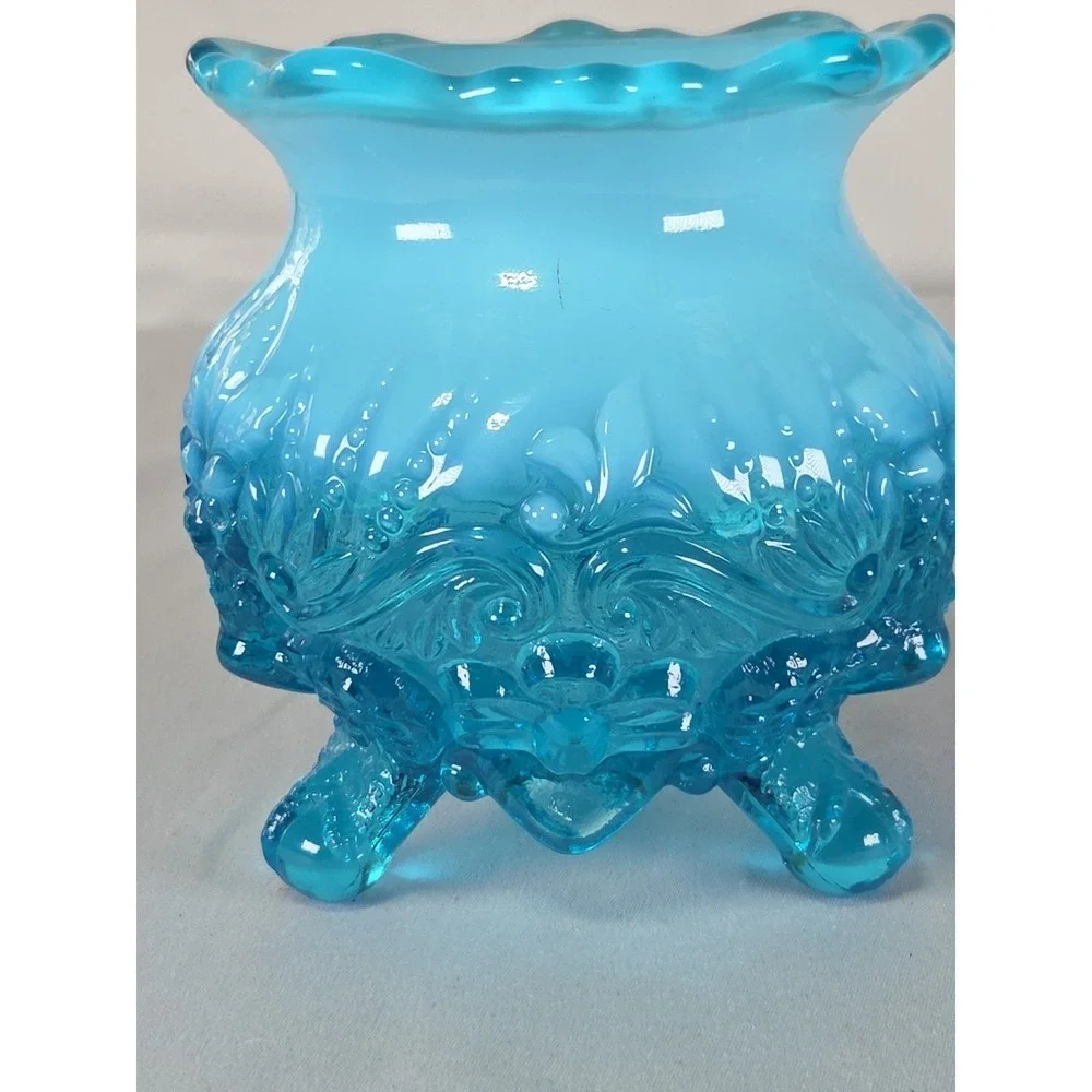 VTG Sowerby Blue Opalescent Piasa‎ Bird Rose Glass Bowl 4.5 Inches Tall.